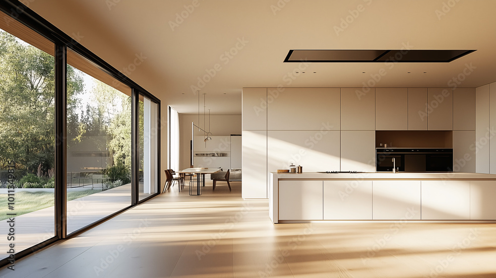 Minimalist open-plan kitchen with sleek surfaces, open windows, and natural light streaming in. The space is uncluttered, with clean lines and neutral tones Minimalist open-plan kitchen with sleek surfaces, open windows, and natural light streaming in. The space is uncluttered, with clean lines and neutral tones