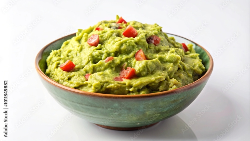 Bowl of guacamole with diced tomatoes on top, isolated on white background. Bowl of guacamole with diced tomatoes on top, isolated on white background.