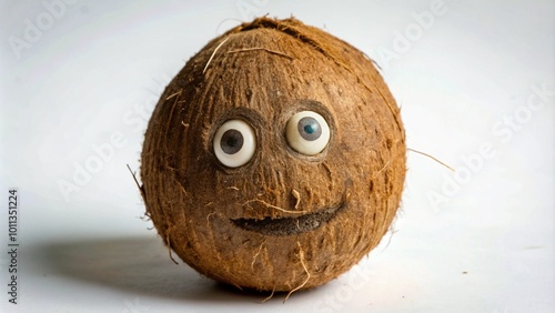 A coconut with googly eyes and a smile.