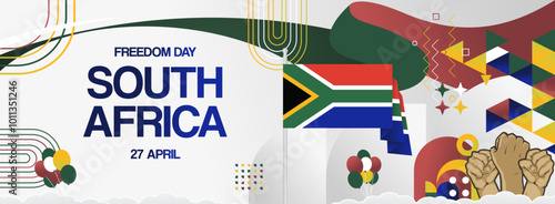 South Africa national freedom day banner with flag. Modern abstract art for national holiday greeting cards, sport and music event posters, newsletters and web headers. Horizontal background