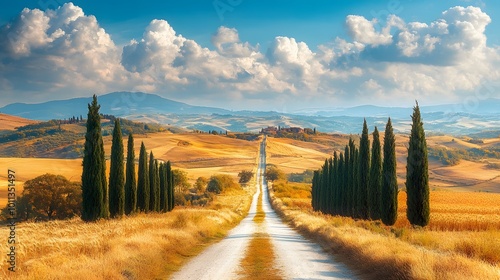 A picturesque Tuscan countryside road lined with cypress trees, rolling hills, and golden wheat fields under a bright blue sky, capturing the vibrant scenery of rural autumn.