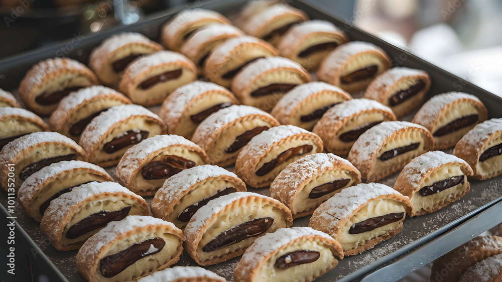 A tray of Meneen, small, biscuit-like pastries filled with dates, neatly arranged in rows. The golden, crumbly pastries are dusted with powdered sugar, ideal for a traditional coffee break.






