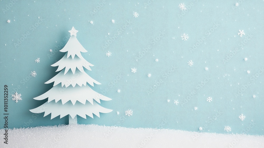 A simple pastel-themed paper cutout of a Christmas tree, light snow falling on a soft background, with copy space on the right side. A simple pastel-themed paper cutout of a Christmas tree, light snow falling on a soft background, with copy space on the right side.
