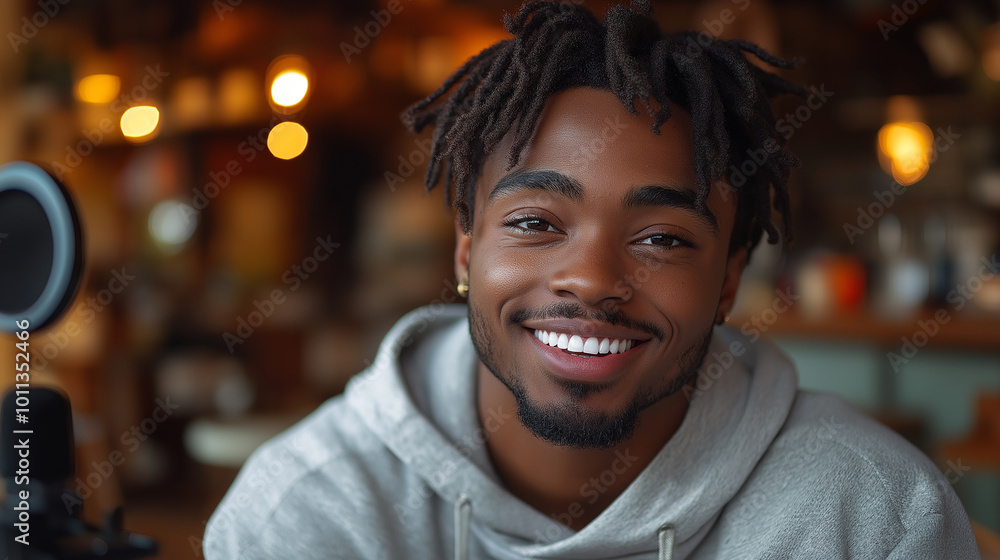 Handsome man with headphones and microphone smiling in a cozy studio environment, perfect for podcast hosts, content creators, and live-streaming personalities. Handsome man with headphones and microphone smiling in a cozy studio environment, perfect for podcast hosts, content creators, and live-streaming personalities.