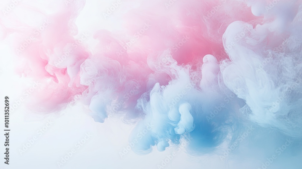Fototapeta premium Billowing plumes of pastel smoke in pale pink and light blue tones gently mix, creating a delicate, flowing effect on a soft white backdrop.