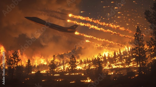 Firefighting Aircraft Drops Flame Retardant Over Forest Fire.