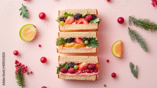 Christmas fruit sandwiches with pastel tones and festive designs, featuring a clear area around them for adding soft holiday-themed text or designs. photo