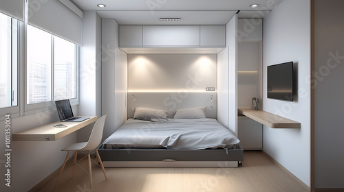 Minimalist studio apartment with a foldable desk, a modern bed, and a small dining area. The neutral color palette and clean lines make the space feel spacious and functional