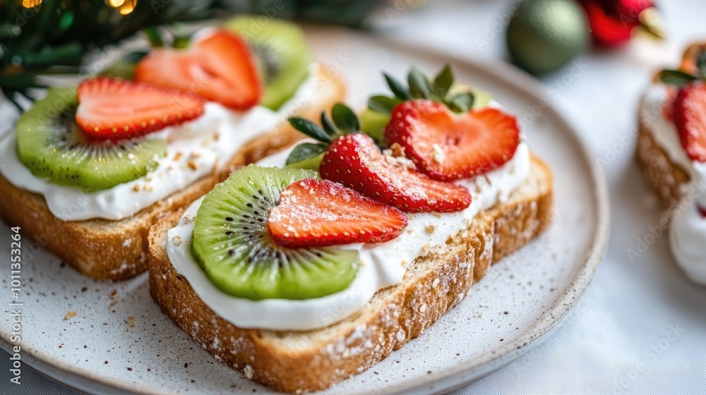 Festive Christmas fruit sandwiches featuring strawberries, kiwi, and cream, with holiday-themed cutouts in the bread. Festive Christmas fruit sandwiches featuring strawberries, kiwi, and cream, with holiday-themed cutouts in the bread.