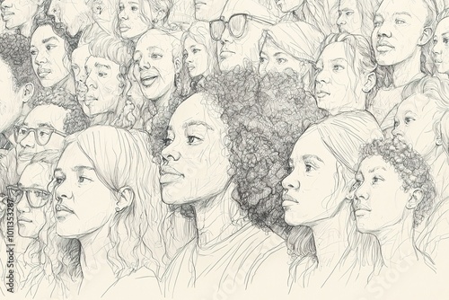 Pencil sketch drawing art style of a Socially diverse community crowd. The concept of multiculturalism symbolizing the unity within diverse societies. Ai generative