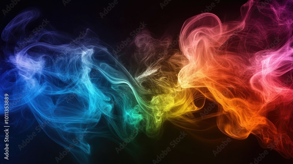 Multicolored rainbow smoke swirls through a thick, dark black haze, creating a vivid and surreal design with bold color contrasts. Multicolored rainbow smoke swirls through a thick, dark black haze, creating a vivid and surreal design with bold color contrasts.