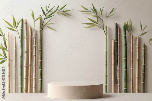 Minimalist bamboo podium with green leaves on beige background, perfect for product display and natural decor themes.