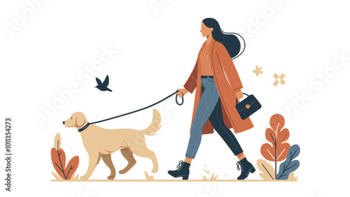 Black and white vector illustration of a family walking in the park with their pet dog