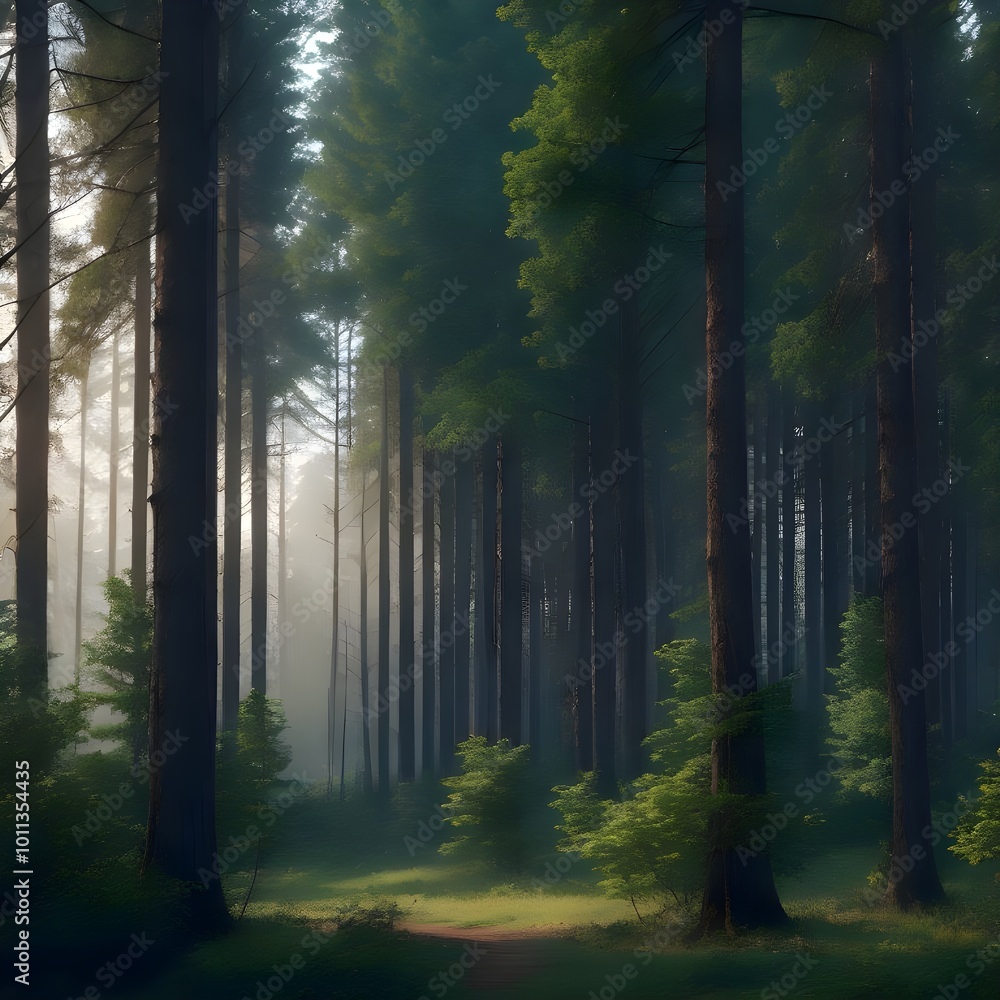 Fototapeta premium Serene Sunlit Forest with Lush Green Undergrowth - Peaceful Woodland Landscape