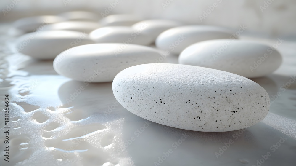 Smooth white pumice stones arranged in a minimalist composition, set against a monochromatic background with soft lighting, evoking a zen garden aesthetic for wellness themes. Smooth white pumice stones arranged in a minimalist composition, set against a monochromatic background with soft lighting, evoking a zen garden aesthetic for wellness themes.