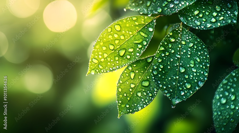 A vibrant green leaf adorned with crystal-clear water droplets in macro photography, depicting nature's freshness in the morning with a bokeh background and reflections in the droplets. A vibrant green leaf adorned with crystal-clear water droplets in macro photography, depicting nature's freshness in the morning with a bokeh background and reflections in the droplets.