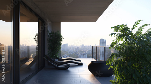 Modern minimalist balcony with sleek black furniture and a couple of large potted plants, overlooking a cityscape. Calm, clutter-free setting with soft sunlight