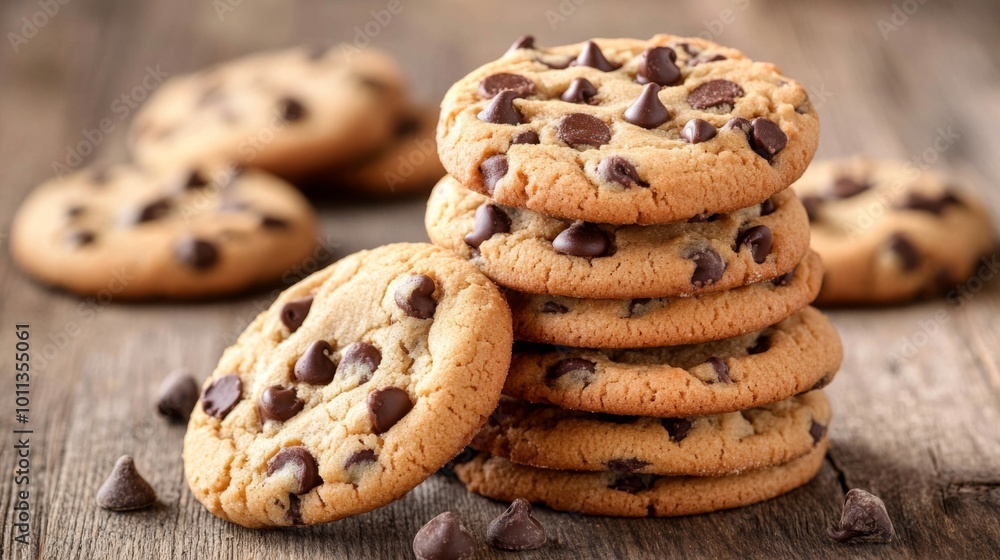 A stack of freshly baked chocolate chip cookies on a wooden table. A stack of freshly baked chocolate chip cookies on a wooden table.