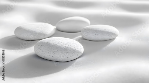 Smooth white pumice stones arranged in a minimalist composition, set against a monochromatic background with soft lighting, evoking a zen garden aesthetic for wellness themes.