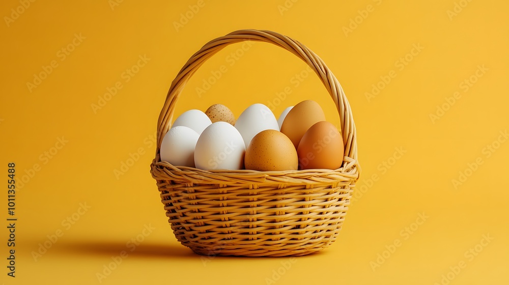 A rustic wicker basket filled with brown and white eggs set against a pale yellow background, highlighting natural textures and soft lighting in a minimalist and elegant composition. A rustic wicker basket filled with brown and white eggs set against a pale yellow background, highlighting natural textures and soft lighting in a minimalist and elegant composition.