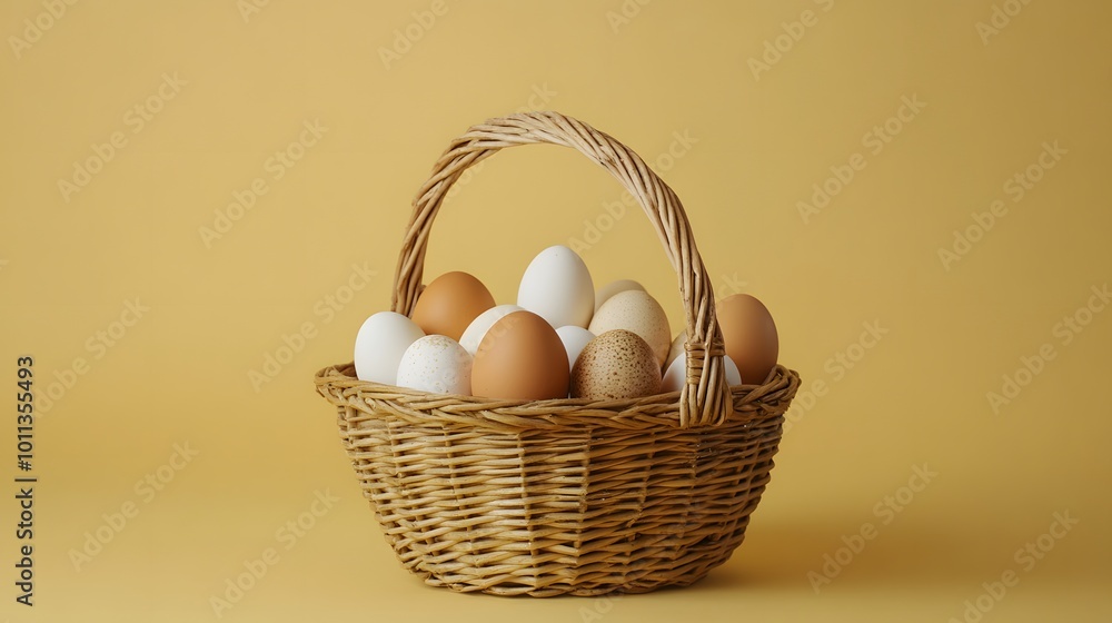 A rustic wicker basket filled with brown and white eggs set against a pale yellow background, highlighting natural textures and soft lighting in a minimalist and elegant composition.