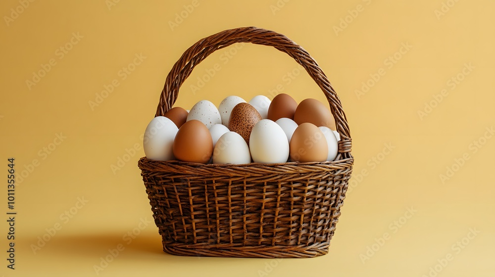 A rustic wicker basket filled with brown and white eggs set against a pale yellow background, highlighting natural textures and soft lighting in a minimalist and elegant composition. A rustic wicker basket filled with brown and white eggs set against a pale yellow background, highlighting natural textures and soft lighting in a minimalist and elegant composition.