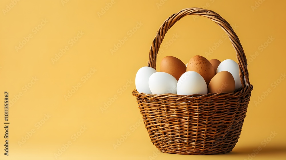 A rustic wicker basket filled with brown and white eggs set against a pale yellow background, highlighting natural textures and soft lighting in a minimalist and elegant composition. A rustic wicker basket filled with brown and white eggs set against a pale yellow background, highlighting natural textures and soft lighting in a minimalist and elegant composition.