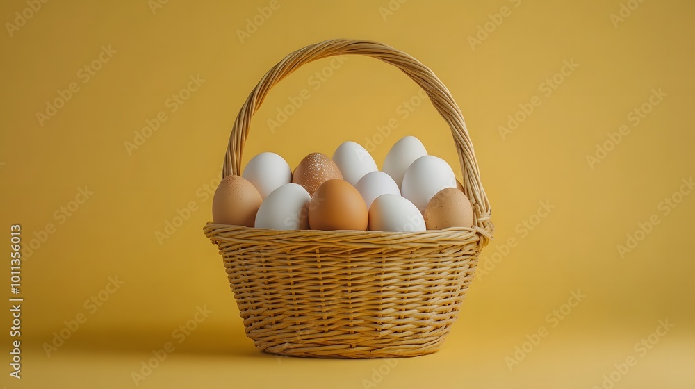 A rustic wicker basket filled with brown and white eggs set against a pale yellow background, highlighting natural textures and soft lighting in a minimalist and elegant composition. A rustic wicker basket filled with brown and white eggs set against a pale yellow background, highlighting natural textures and soft lighting in a minimalist and elegant composition.