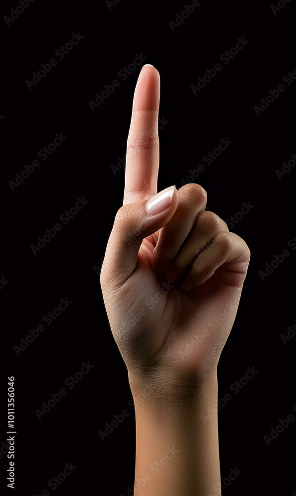 An illuminated hand raising the index finger, isolated against a pure black background, symbolizing command or instruction An illuminated hand raising the index finger, isolated against a pure black background, symbolizing command or instruction