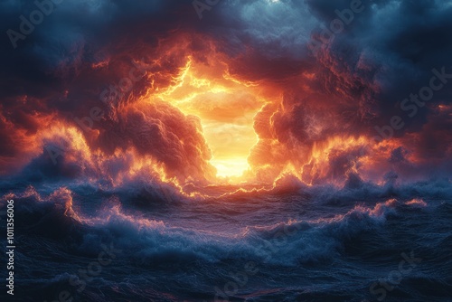 Dramatic Sunset Amidst a Fierce Ocean Storm with Towering Waves and Fiery Clouds