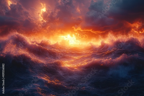 Dramatic Sunset Amidst a Fierce Ocean Storm with Towering Waves and Fiery Clouds