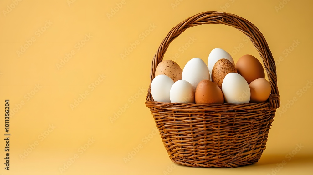 A rustic wicker basket filled with brown and white eggs set against a pale yellow background, highlighting natural textures and soft lighting in a minimalist and elegant composition. A rustic wicker basket filled with brown and white eggs set against a pale yellow background, highlighting natural textures and soft lighting in a minimalist and elegant composition.
