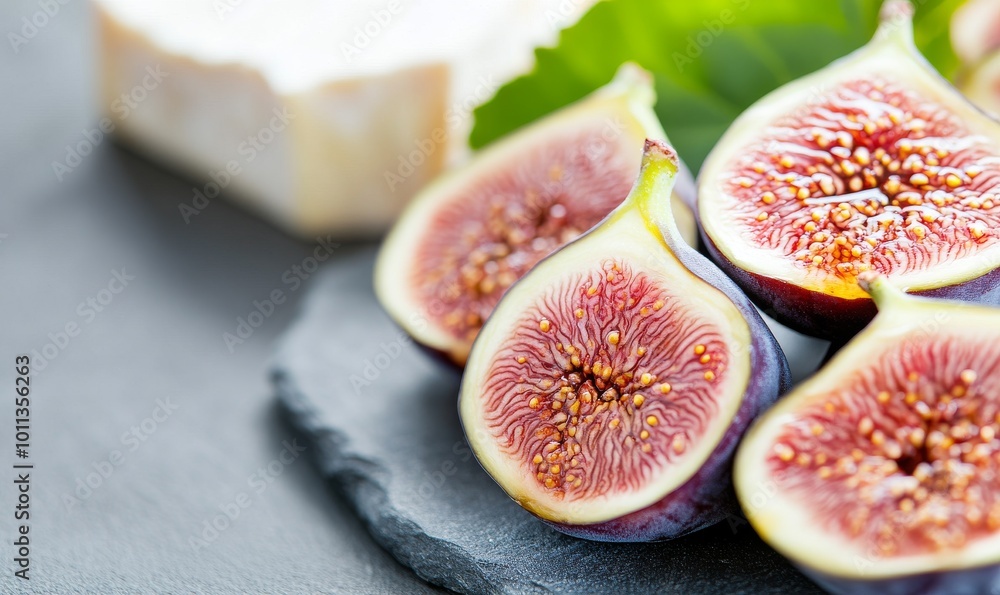 Freshly Cut Figs Arranged on Slate With Cheese and Greenery in the Background During Bright Daylight Freshly Cut Figs Arranged on Slate With Cheese and Greenery in the Background During Bright Daylight