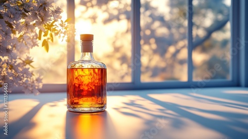 A bottle of amber liquid sits on a table by a sunlit window.