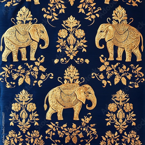 Thai Elephant Motif Pattern in Gold Against a Deep Blue Silk Background photo