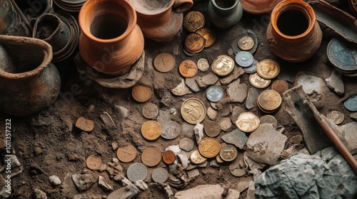 Ancient Roman coins and pottery shards found at an archaeological dig site, perfect for historical research articles or museum catalogs. photo