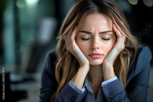 Stressed businesswoman holding her head in hands, looking tired and frustrated at work, dim office background.