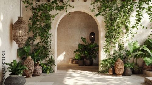 A sunlit patio with an arched doorway, terracotta pots, and lush greenery.