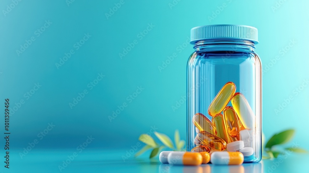 Glowing bottle of multivitamin tablets, bright reflections, clean design Glowing bottle of multivitamin tablets, bright reflections, clean design