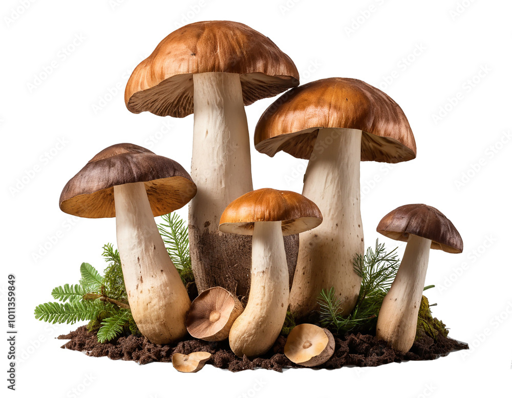 Fresh Porcini Mushroom with soil and whole varieties isolated on white background Fresh Porcini Mushroom with soil and whole varieties isolated on white background