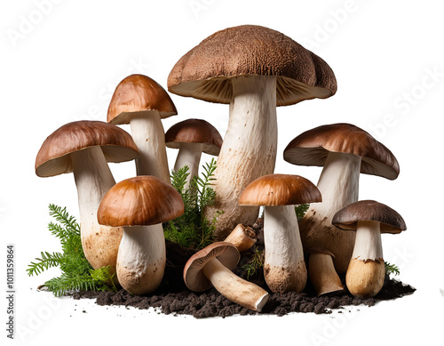 Fresh Porcini Mushroom with soil and whole varieties isolated on white background