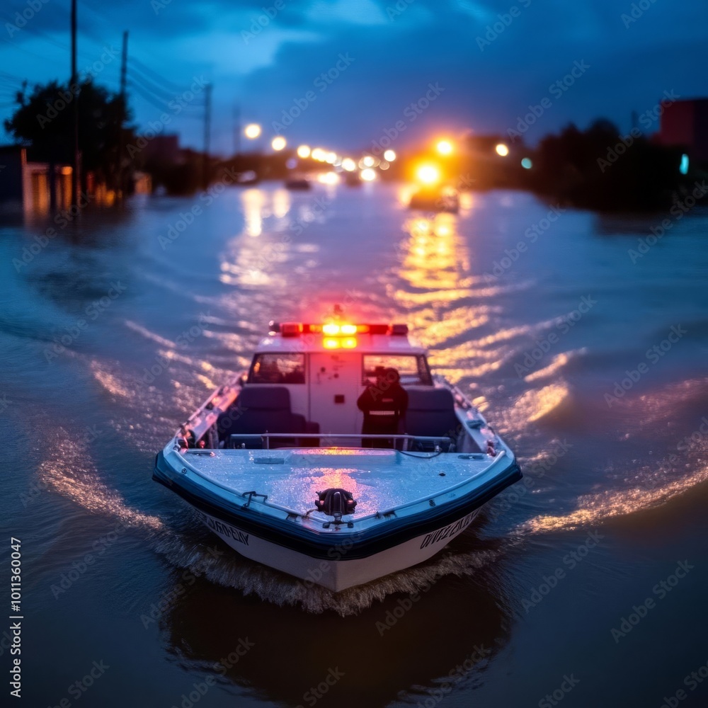 Naklejka premium A rescue boat navigating through flooded streets at night, emergency lights flashing in the distance, Flood rescue at night, urban disaster recovery