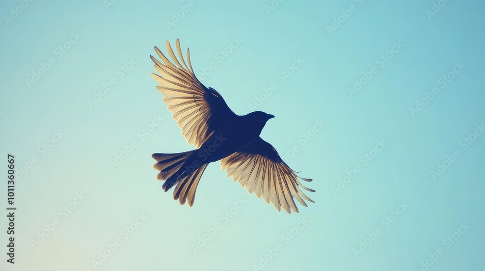 Obraz premium A myna flying gracefully against a clear blue sky, with its wings outstretched, capturing the essence of freedom and the beauty of flight in nature
