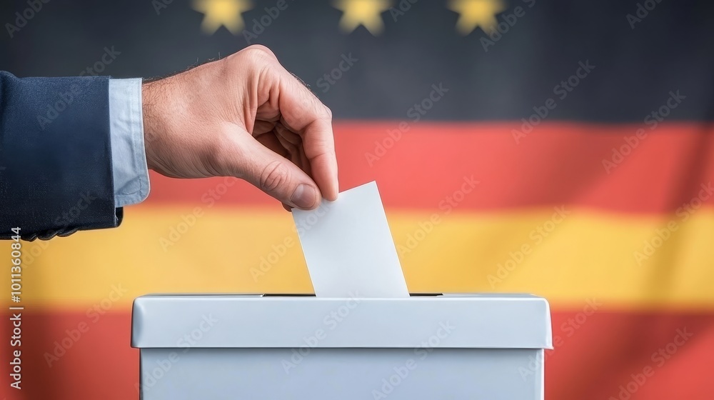 Hand of a man putting a voting card in a ballot box against the background of the German flag. Hand of a man putting a voting card in a ballot box against the background of the German flag.