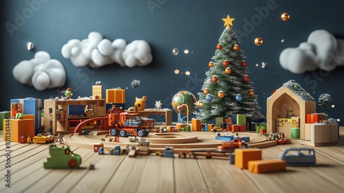 Playroom with Christmas tree and festive toys, cheerful holiday atmosphere, 3D illustration photo