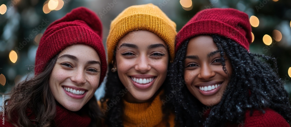 Three diverse young women wearing winter hats smiling at the camera with a blurred Christmas tree and lights in the background. Three diverse young women wearing winter hats smiling at the camera with a blurred Christmas tree and lights in the background.