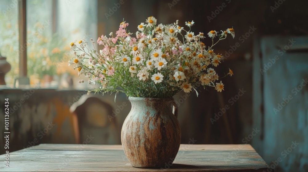 A needle flower bouquet arranged artistically in a rustic vase, placed on a wooden table, capturing the charm of floral arrangements in a cozy indoor setting A needle flower bouquet arranged artistically in a rustic vase, placed on a wooden table, capturing the charm of floral arrangements in a cozy indoor setting