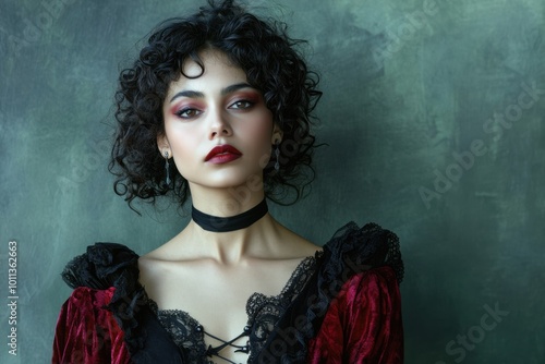 Portrait of a Middle Eastern woman with curly hair, wearing a glamorous red and black vampire gown, copy space, in a pale green and charcoal gray studio background, Halloween theme, mysterious photo