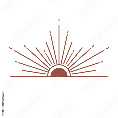 Vector bohemian logo design template with sun and sunburst. Boho linear icon or symbol in trendy minimalist style.Modern celestial emblem.Branding design template.