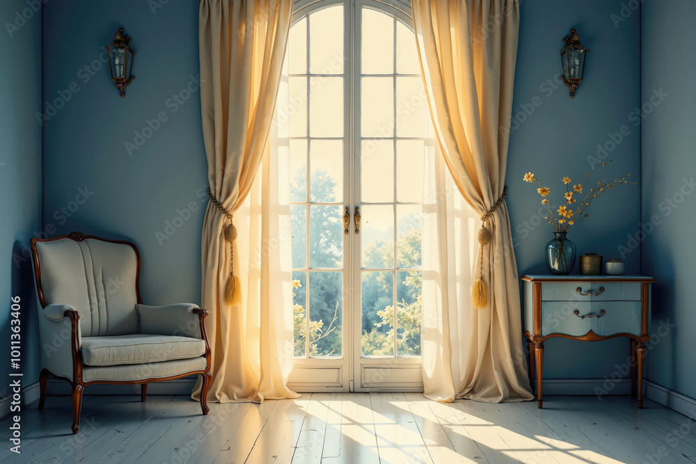 Sunlight streaming through window into blue room Sunlight streaming through window into blue room